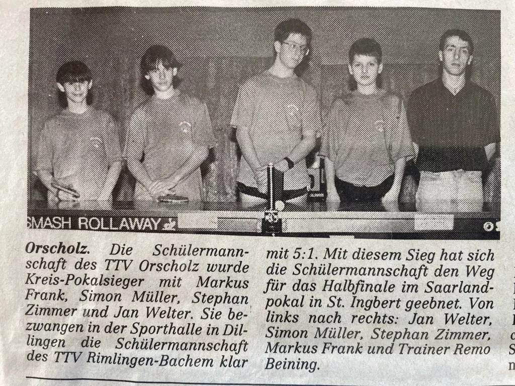 Kreispokalsieger 1993 - Schülermannschaft des TTV Orscholz
